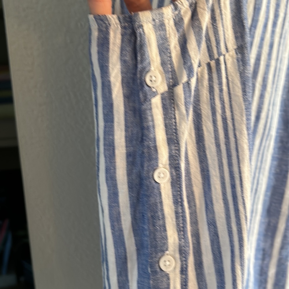 Sleeveless linen blouse white & blue striped blouse buttons on both sides -XL/TG - Picture 2 of 10